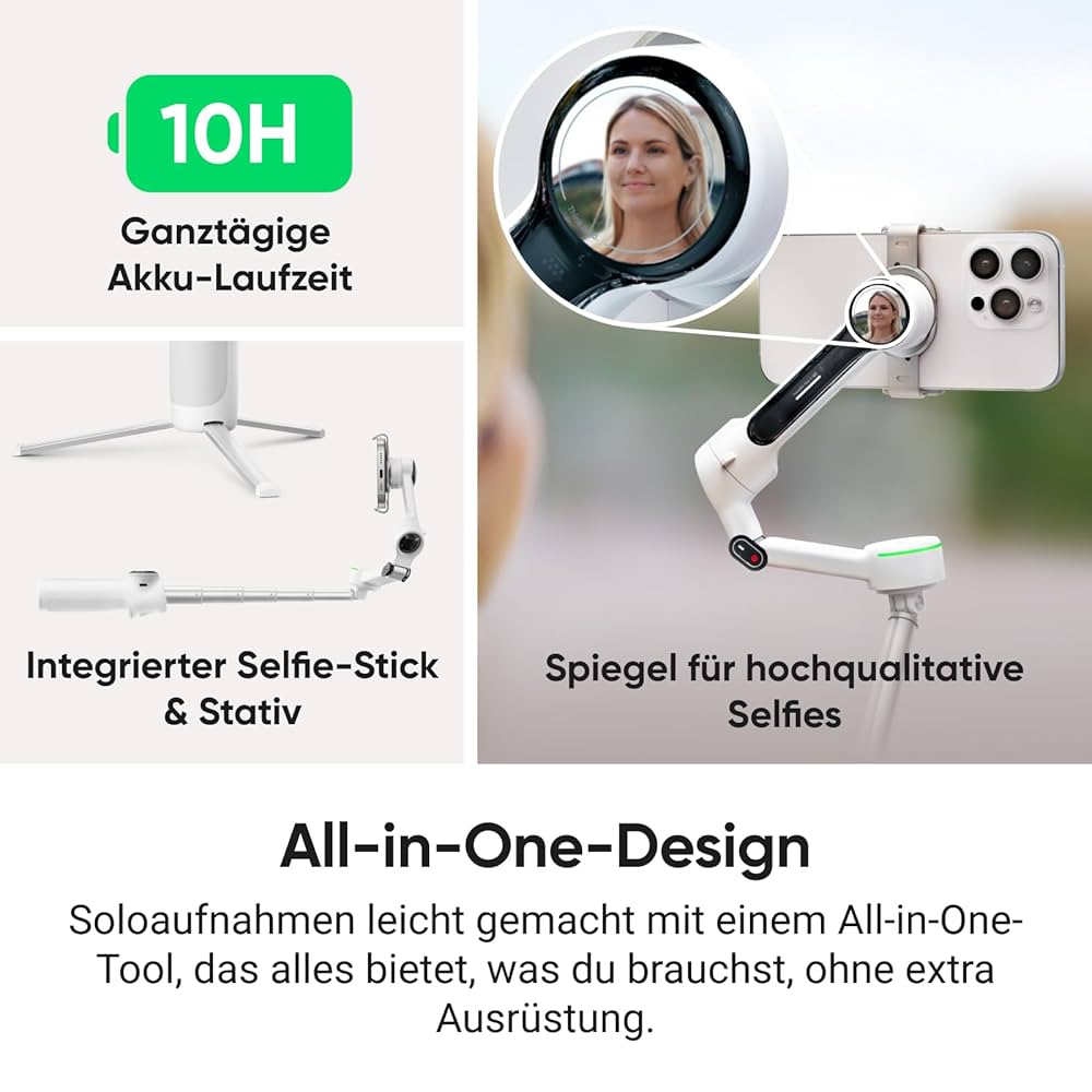 Insta360 Flow 2 Pro Blanc - Cardan IA pliable, suivi dans plus de 200 applications avec Apple DockKit, suivi panoramique multi-personnes et 360°, trépied/perche à selfie intégré, stabilisateur portable pour iPhone/Android