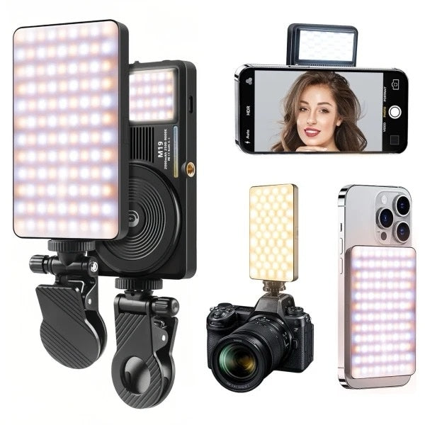 Lampe vidéo LED M20 RGB, éclairage portable à 360°, rechargeable 3 000 mAh, IRC 95+, 2 500-9 000 K, aimant permanent, clip pour téléphone
