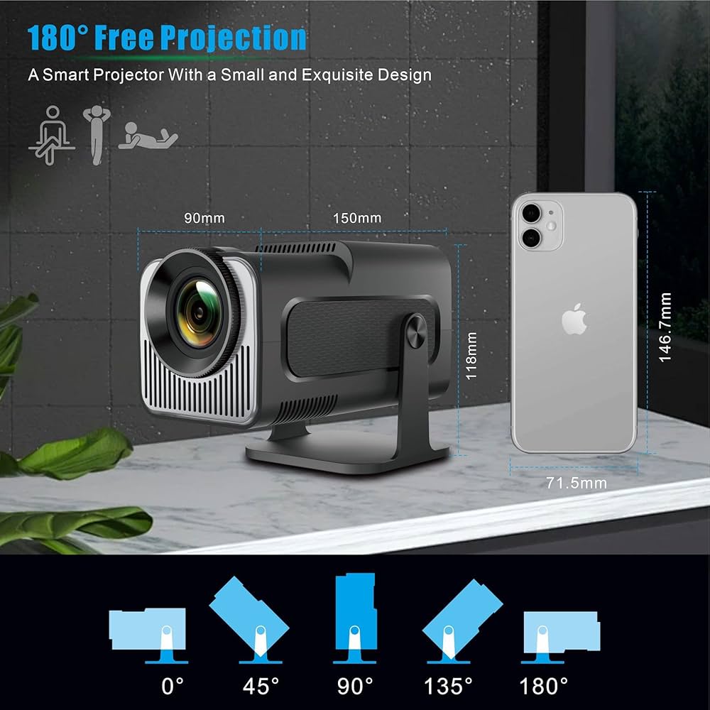 Mini Projecteur,HY320 Mini Videoprojecteur,4K Projecteur Portable avec Android 11 WiFi et Bluetooth 5.0, Trapèze Automatique, Retroprojecteur de Cinéma 180 °Peut Pivoter pour TV Stick