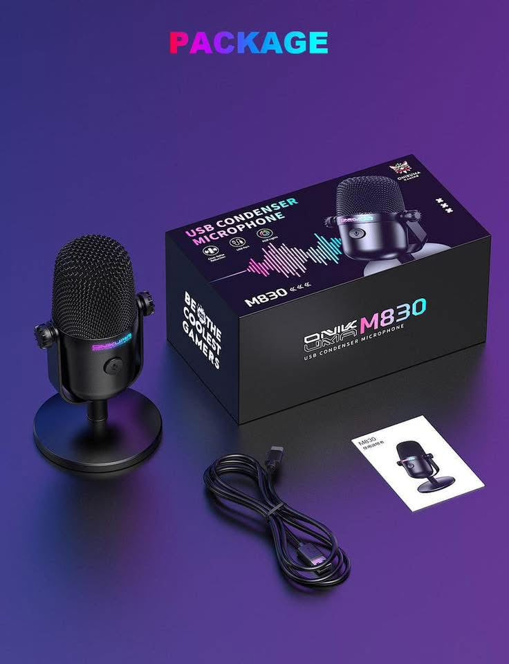 M830 onikuma Microphone de jeu avec réduction du bruit et bouton muet, micro à condensateur USB pour le streaming/enregistrement, design ultra-compact, compatible PC/Mac/PS4/PS5, podcast/YouTube/Twitch/Discord (Noir) hi