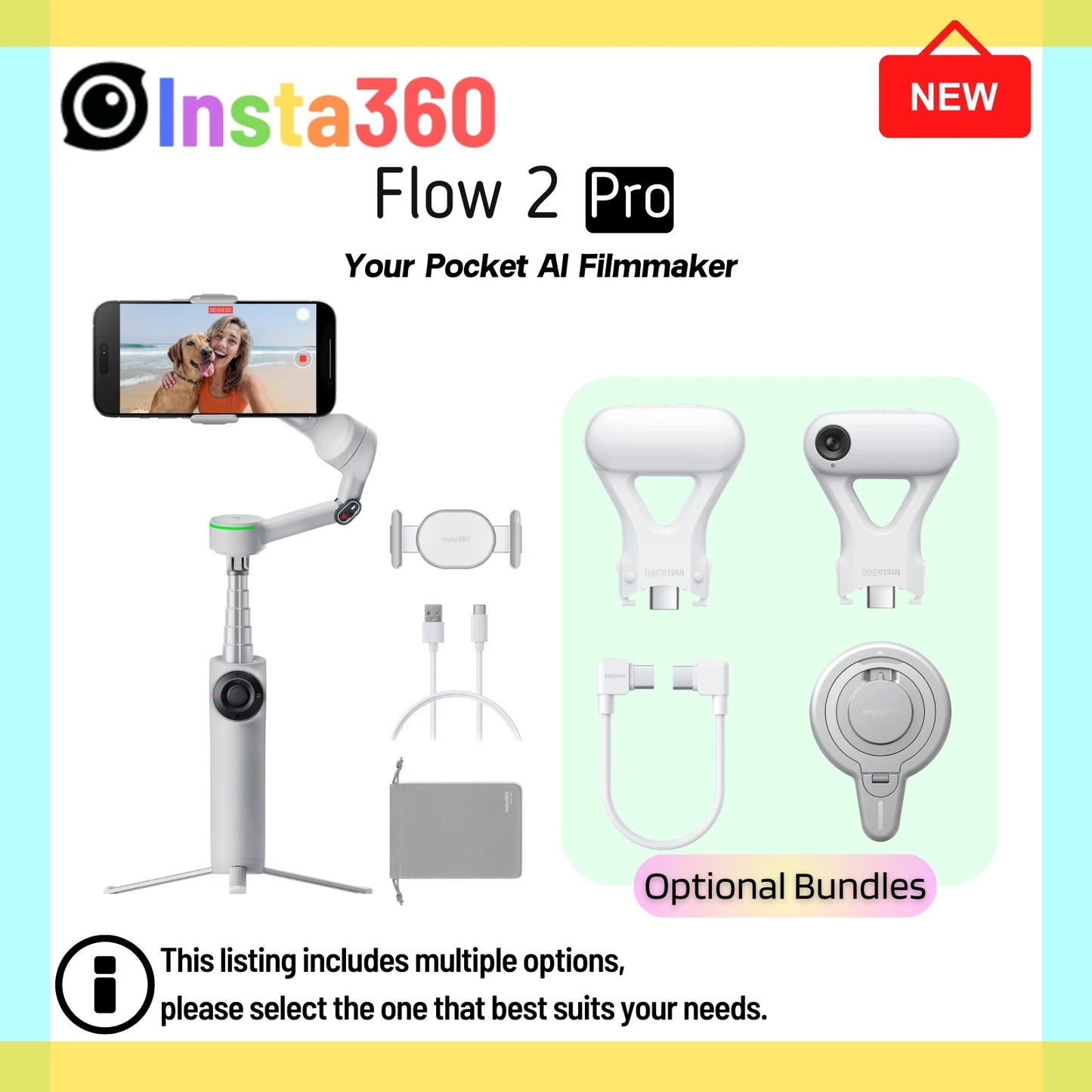 Insta360 Flow 2 Pro Blanc - Cardan IA pliable, suivi dans plus de 200 applications avec Apple DockKit, suivi panoramique multi-personnes et 360°, trépied/perche à selfie intégré, stabilisateur portable pour iPhone/Android