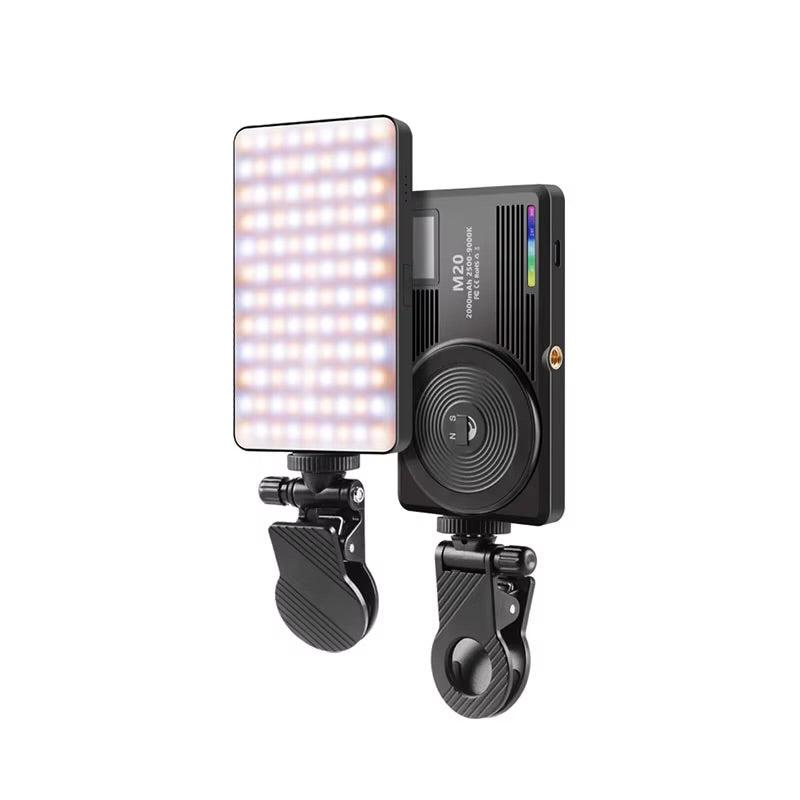 Lampe vidéo LED M20 RGB, éclairage portable à 360°, rechargeable 3 000 mAh, IRC 95+, 2 500-9 000 K, aimant permanent, clip pour téléphone