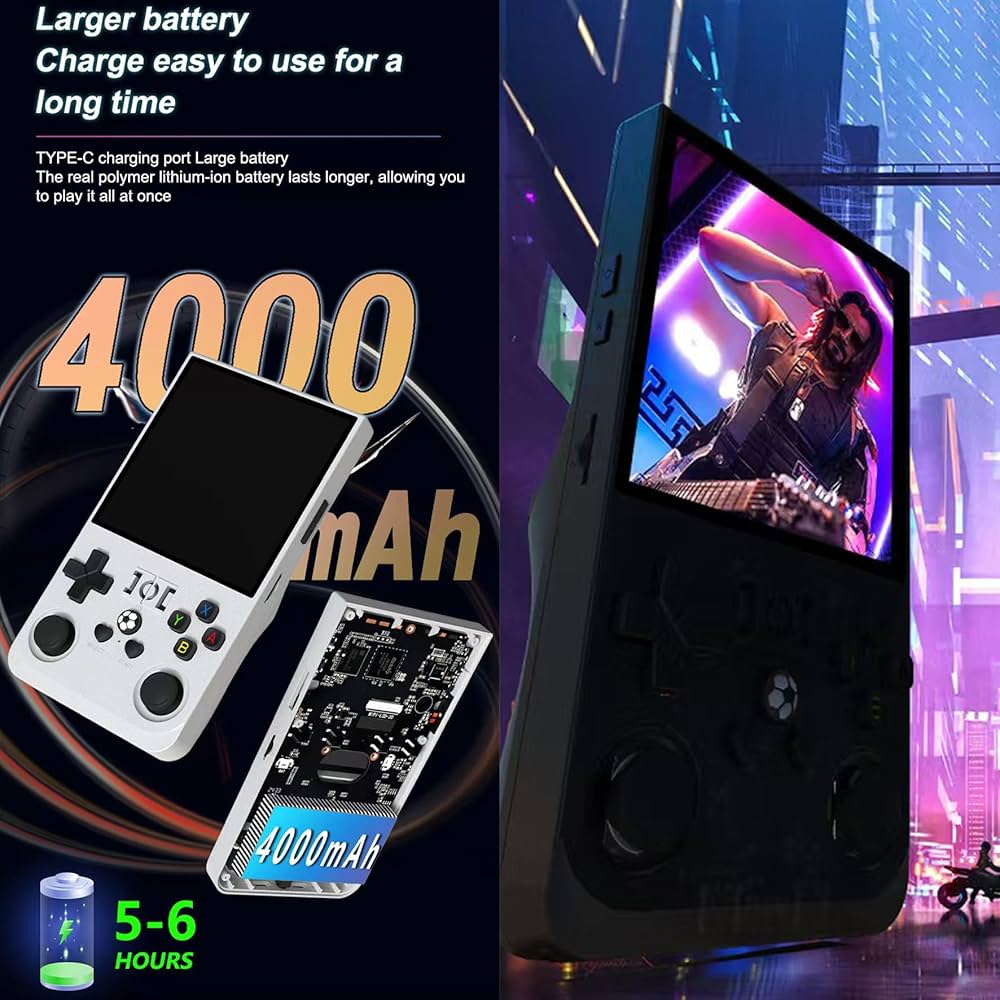 Système amélioré R36max 2025, écran de 4", 128 Go, console de jeu R36s, console de jeu rétro, console de jeu portable R36s, Fingerevo, Rg34xx (bleu transparent (128 Go))