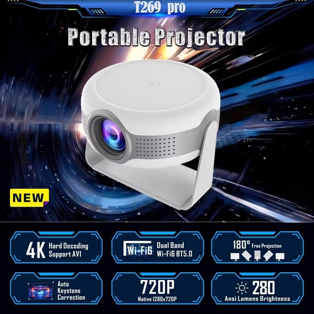 Projecteur Portable Intelligent T269 Pro, 4K HD, 1080P, Android 12.0, écran 130 Cm, Rotation à 180 Degrés, Wi-Fi, Bluetooth