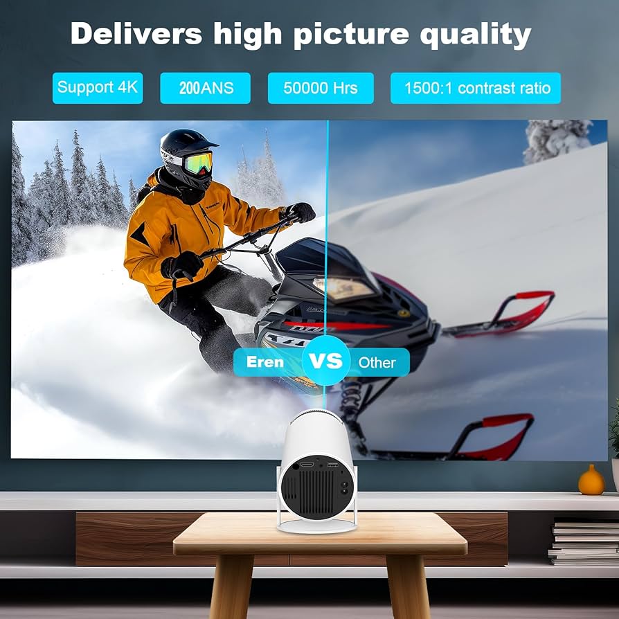 Mini projecteur portable HY300 PRO, compatible 4K 1080P avec Wi-Fi double bande 6, 5G, sans fil 5.2, Bluetooth, Android 11, rotation à 180°, correction automatique du trapèze, écran de 35 à 130 pouces.