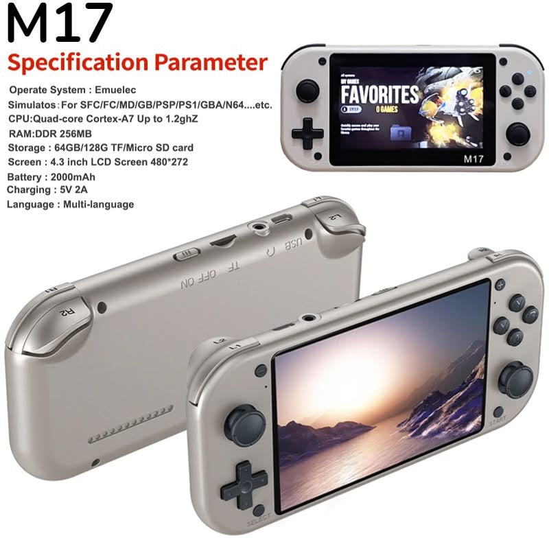 M17 Console de jeu portable rétro 4,3" 480 x 272 avec écran LCD 64 Go/128 Go Emuelec (20 000 + 30 000 jeux) (64 Go, 20 000 + jeux)