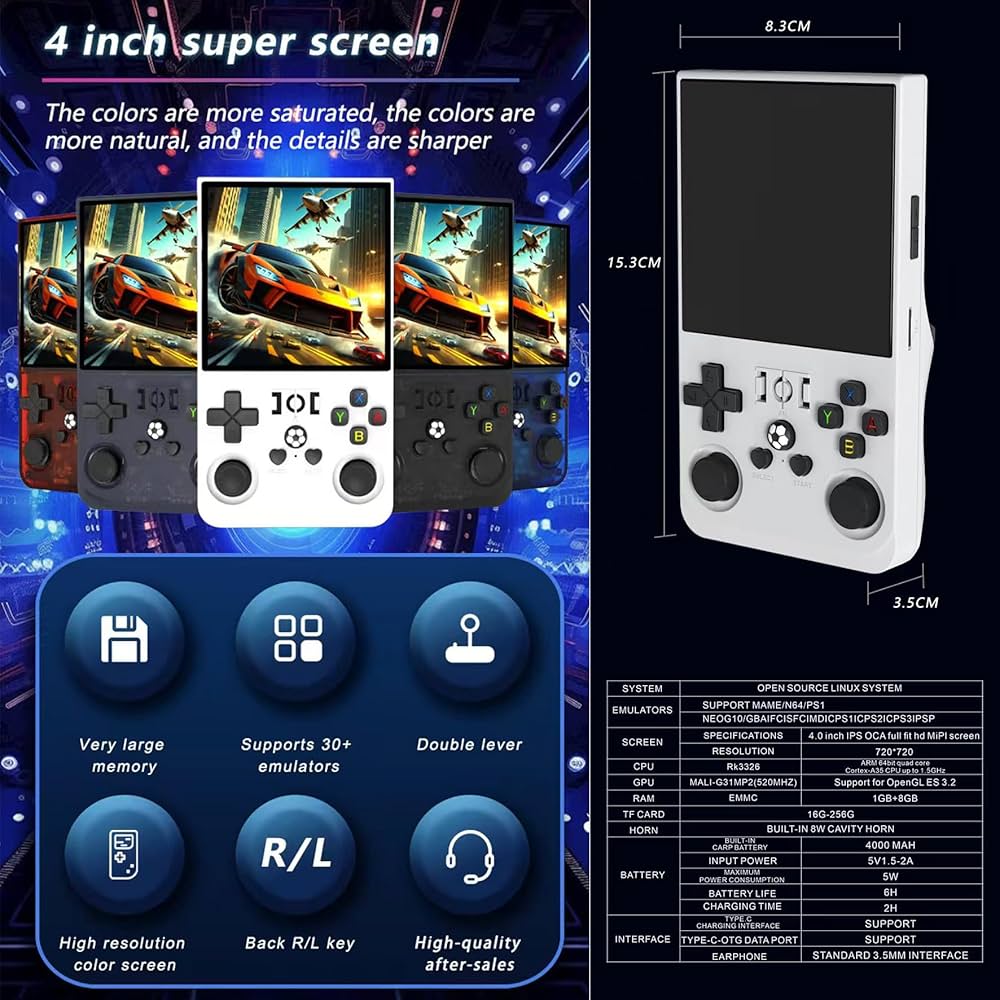 Système amélioré R36max 2025, écran de 4", 128 Go, console de jeu R36s, console de jeu rétro, console de jeu portable R36s, Fingerevo, Rg34xx (bleu transparent (128 Go))