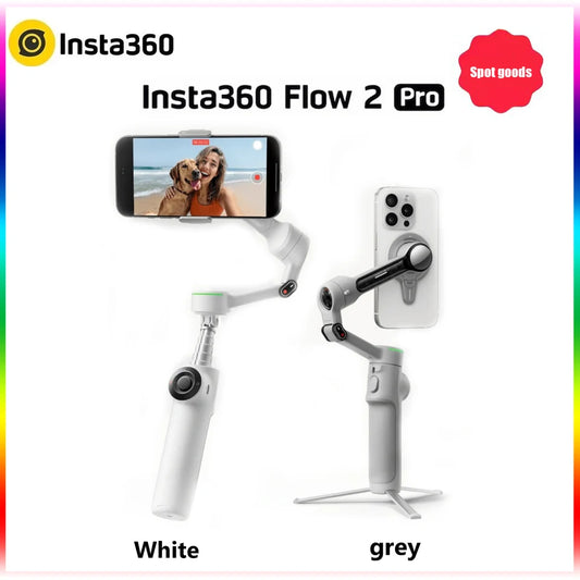 Insta360 Flow 2 Pro Blanc - Cardan IA pliable, suivi dans plus de 200 applications avec Apple DockKit, suivi panoramique multi-personnes et 360°, trépied/perche à selfie intégré, stabilisateur portable pour iPhone/Android