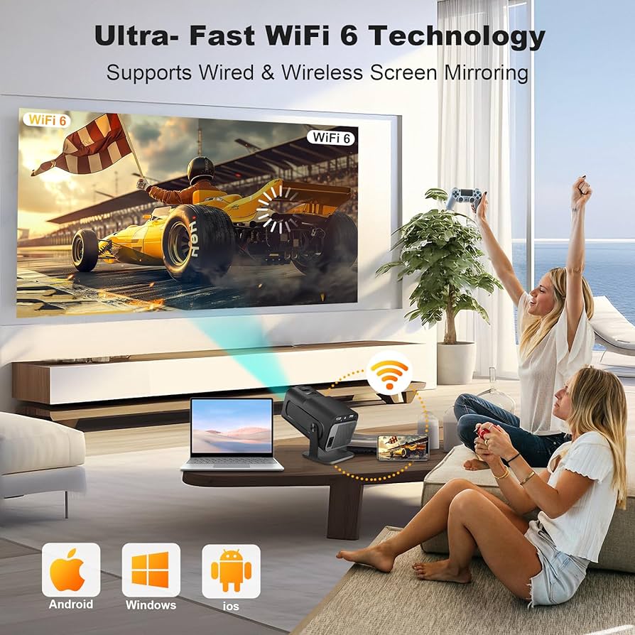 Mini projecteur Ear&Ear, projecteur portable HY320, compatible 4K 1080P avec Wi-Fi double bande 6, 5G, sans fil 5.0, Bluetooth, Android 11, rotation à 180°, correction automatique du trapèze, écran de 40 à 130 pouces.