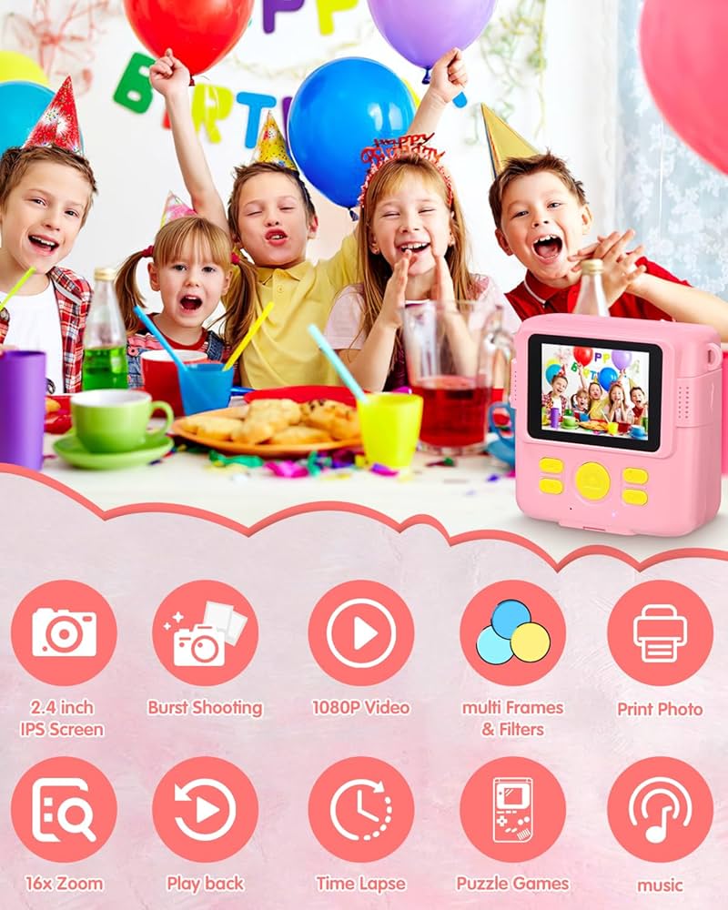 Appareil Photo Enfant Instantanée,1080P,2,4 pouces Appareil Photo pour Enfants, 32GB Carte Mémoire,5 x Papier d'impression, Distance Focale Numérique 16x,Cadeau pour les Garçons et les Filles 3-12 ans