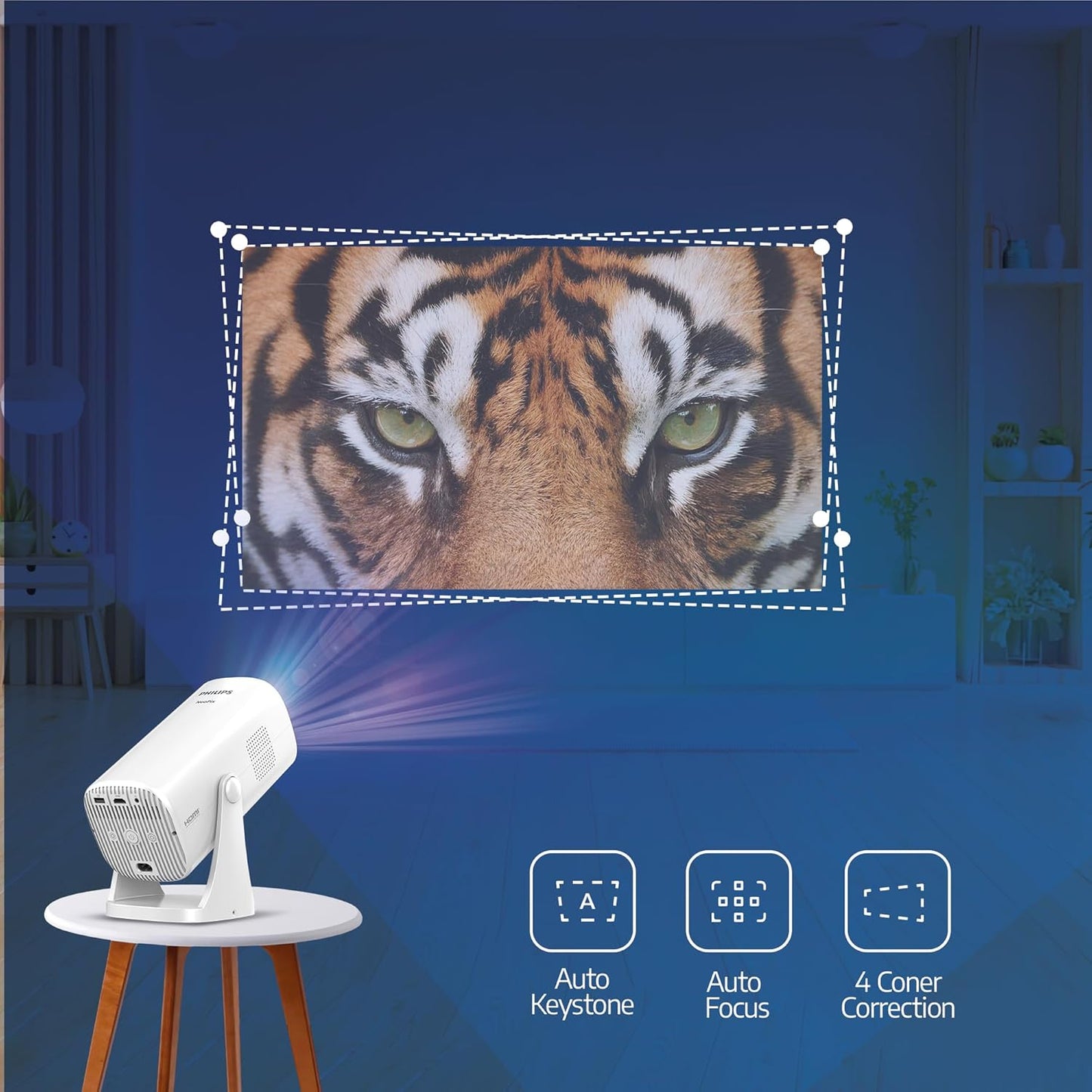NPX230 Philips, Neopix 230Smart, Vidéoprojecteur Home cinéma, Différentes Options de Correction de l'image, Full HD 1080p, LuminOS, Applications préinstallées, Système Audio intégré, Lampe de Chevet