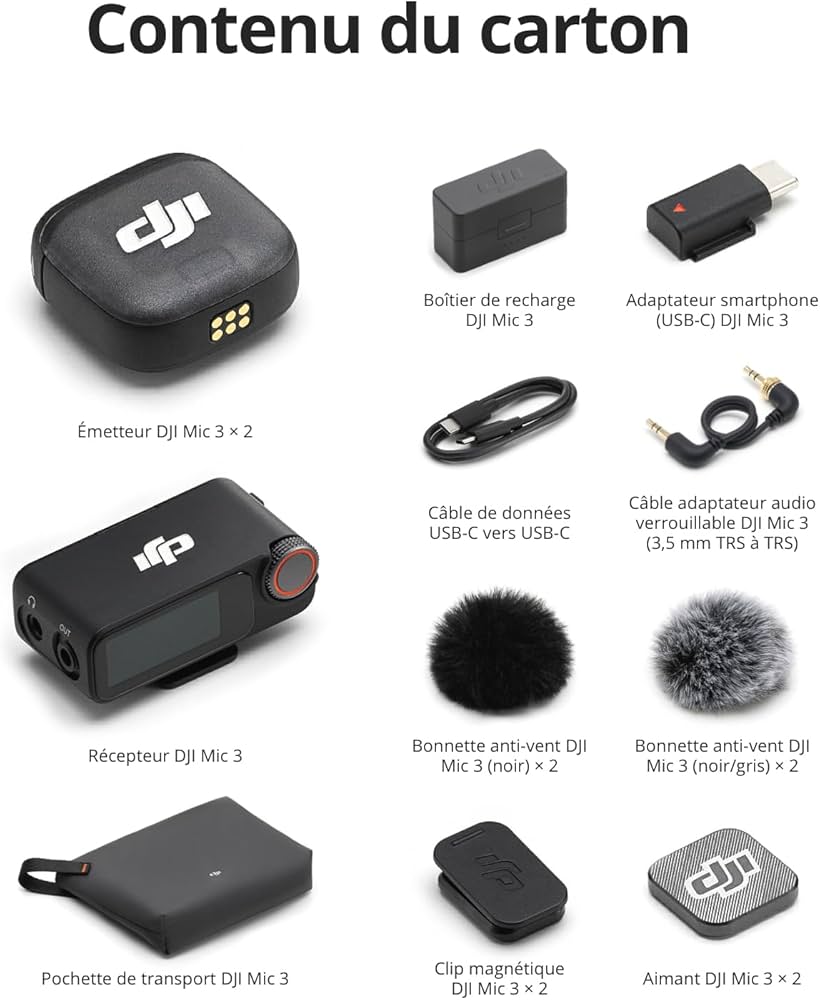 DJI Mic 3 (2 TX + 1 RX + Boîtier de Recharge), Microphone sans Fil pour iPhone/caméra/Android, ultraléger, contrôle de Gain adaptatif pour Un Volume équilibré, 28 h d’Utilisation, Vlog