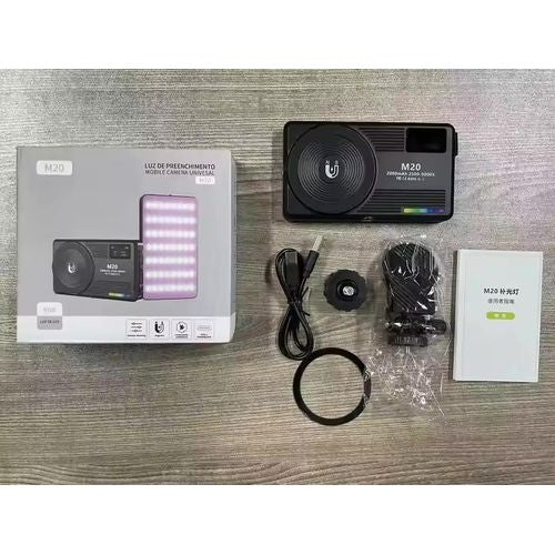 Lampe vidéo LED M20 RGB, éclairage portable à 360°, rechargeable 3 000 mAh, IRC 95+, 2 500-9 000 K, aimant permanent, clip pour téléphone