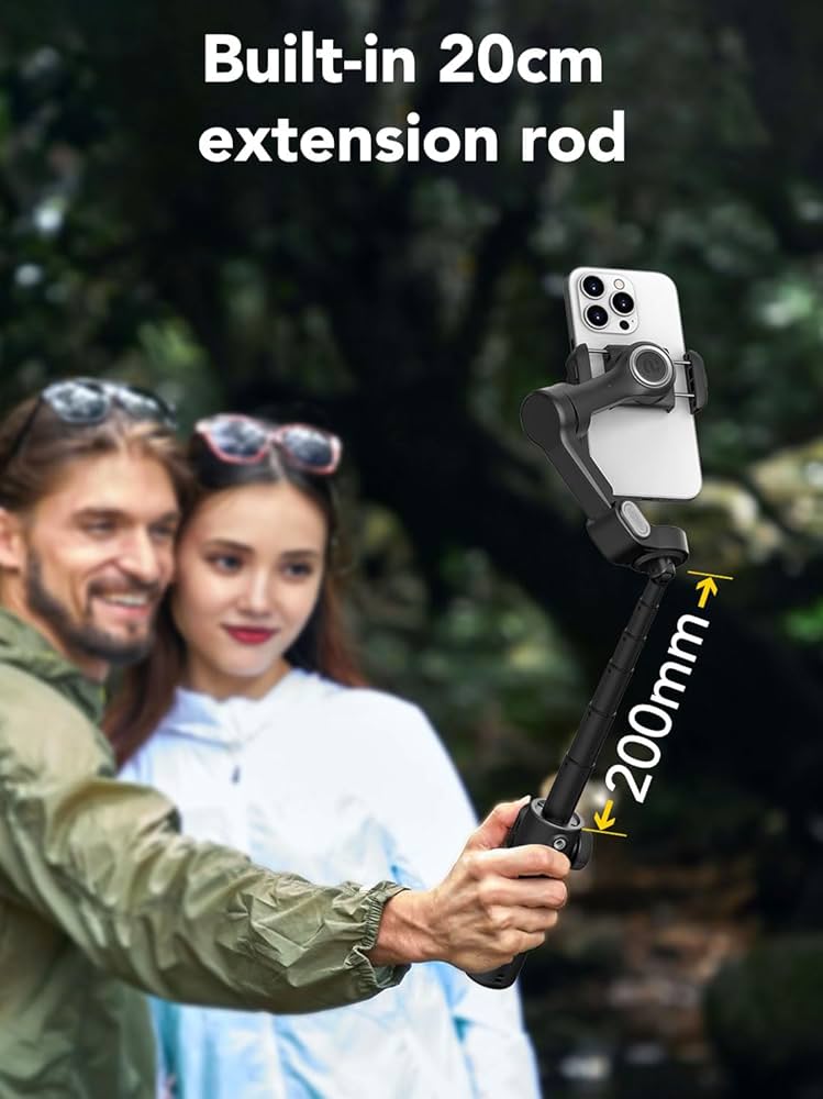 AOCHUAN Stabilisateur Smart X2 pour iPhone, Tige d'extension intégrée de 20 cm, cardan Portable pour Smartphone à 3 Axes, Perche à Selfie Pliable avec écran OLED, Enregistrement vidéo, Blanc