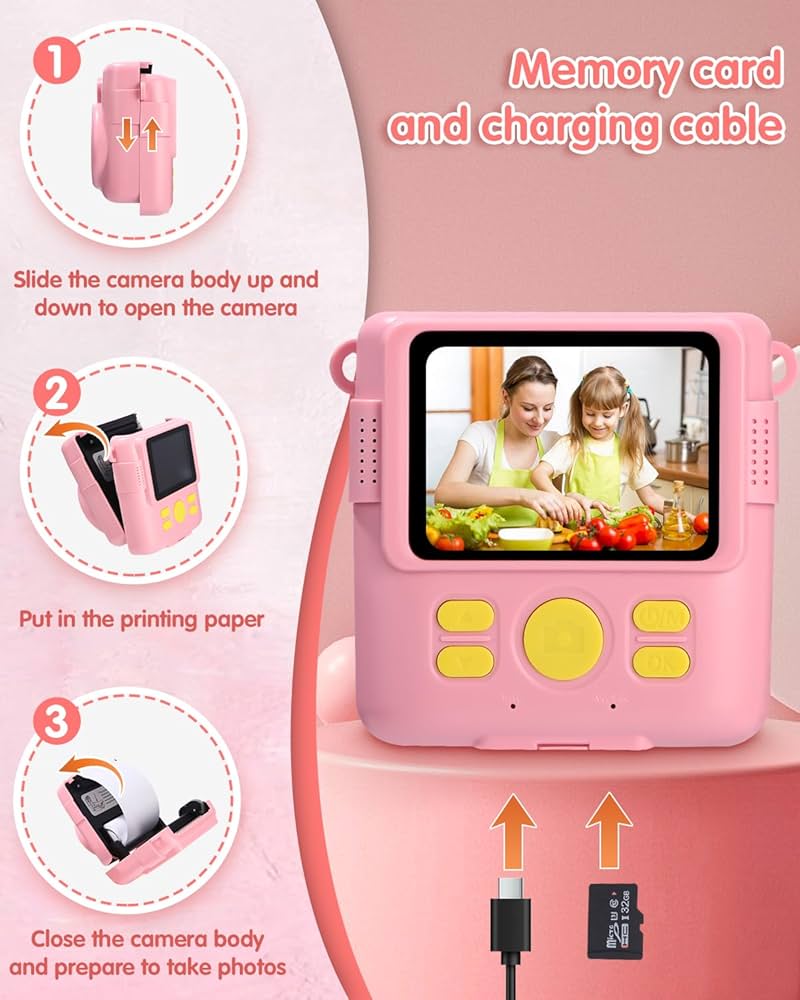 Appareil Photo Enfant Instantanée,1080P,2,4 pouces Appareil Photo pour Enfants, 32GB Carte Mémoire,5 x Papier d'impression, Distance Focale Numérique 16x,Cadeau pour les Garçons et les Filles 3-12 ans