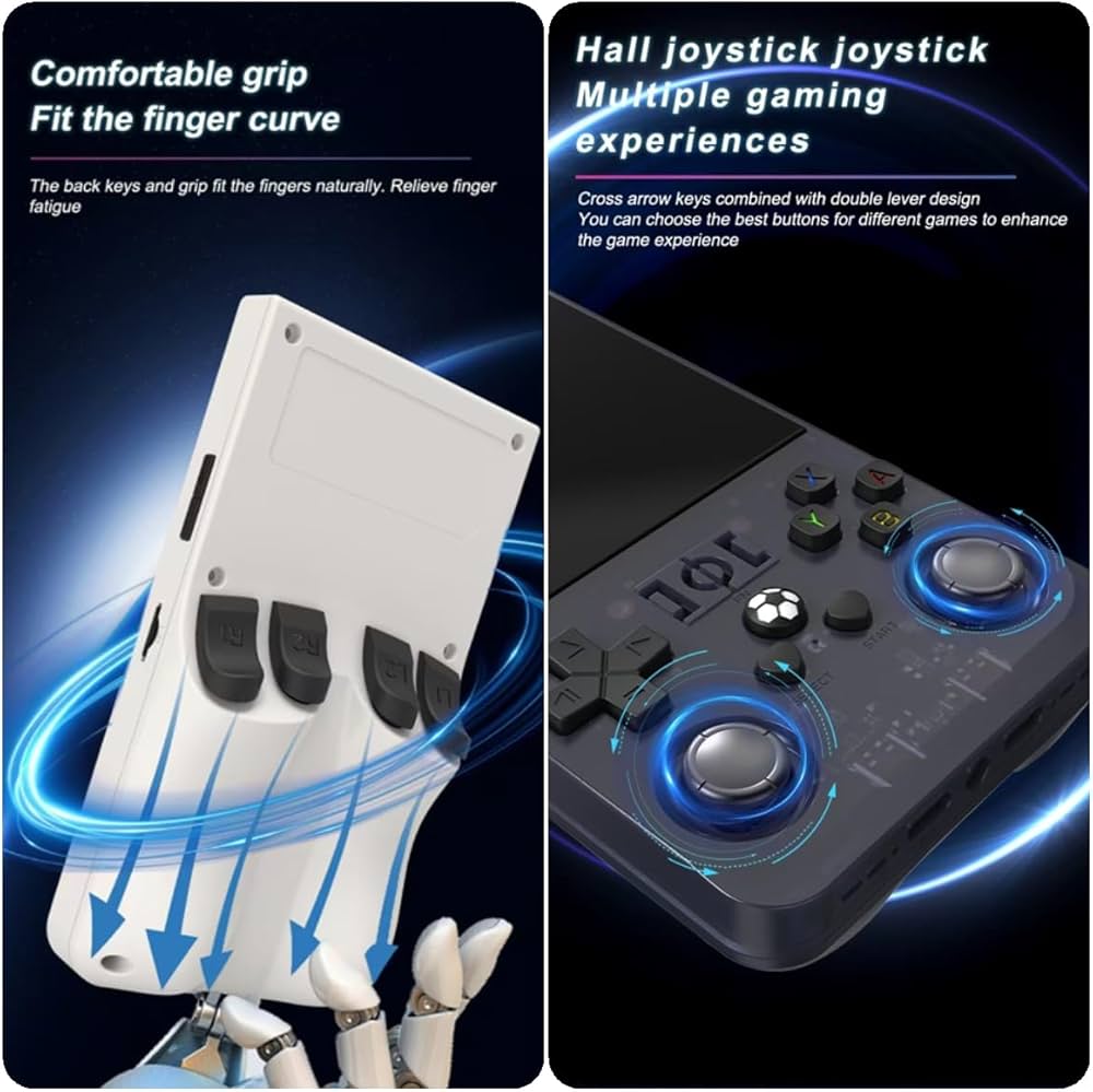 Système amélioré R36max 2025, écran de 4", 128 Go, console de jeu R36s, console de jeu rétro, console de jeu portable R36s, Fingerevo, Rg34xx (bleu transparent (128 Go))