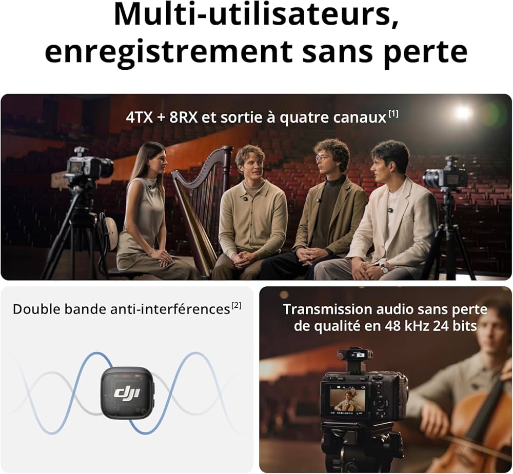 DJI Mic 3 (2 TX + 1 RX + Boîtier de Recharge), Microphone sans Fil pour iPhone/caméra/Android, ultraléger, contrôle de Gain adaptatif pour Un Volume équilibré, 28 h d’Utilisation, Vlog