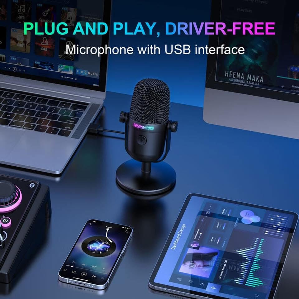 M830 onikuma Microphone de jeu avec réduction du bruit et bouton muet, micro à condensateur USB pour le streaming/enregistrement, design ultra-compact, compatible PC/Mac/PS4/PS5, podcast/YouTube/Twitch/Discord (Noir) hi