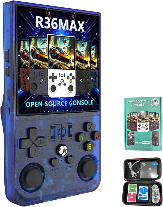 Système amélioré R36max 2025, écran de 4", 128 Go, console de jeu R36s, console de jeu rétro, console de jeu portable R36s, Fingerevo, Rg34xx (bleu transparent (128 Go))