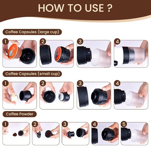 LAMA Machine à café portable - Machine à expresso électrique - Compatible avec capsules de café et poudre de café - Chauffage instantané - Mini machine à café pour le camping et les voyages - Noir