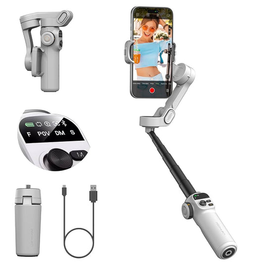 AOCHUAN Stabilisateur Smart X2 pour iPhone, Tige d'extension intégrée de 20 cm, cardan Portable pour Smartphone à 3 Axes, Perche à Selfie Pliable avec écran OLED, Enregistrement vidéo, Blanc