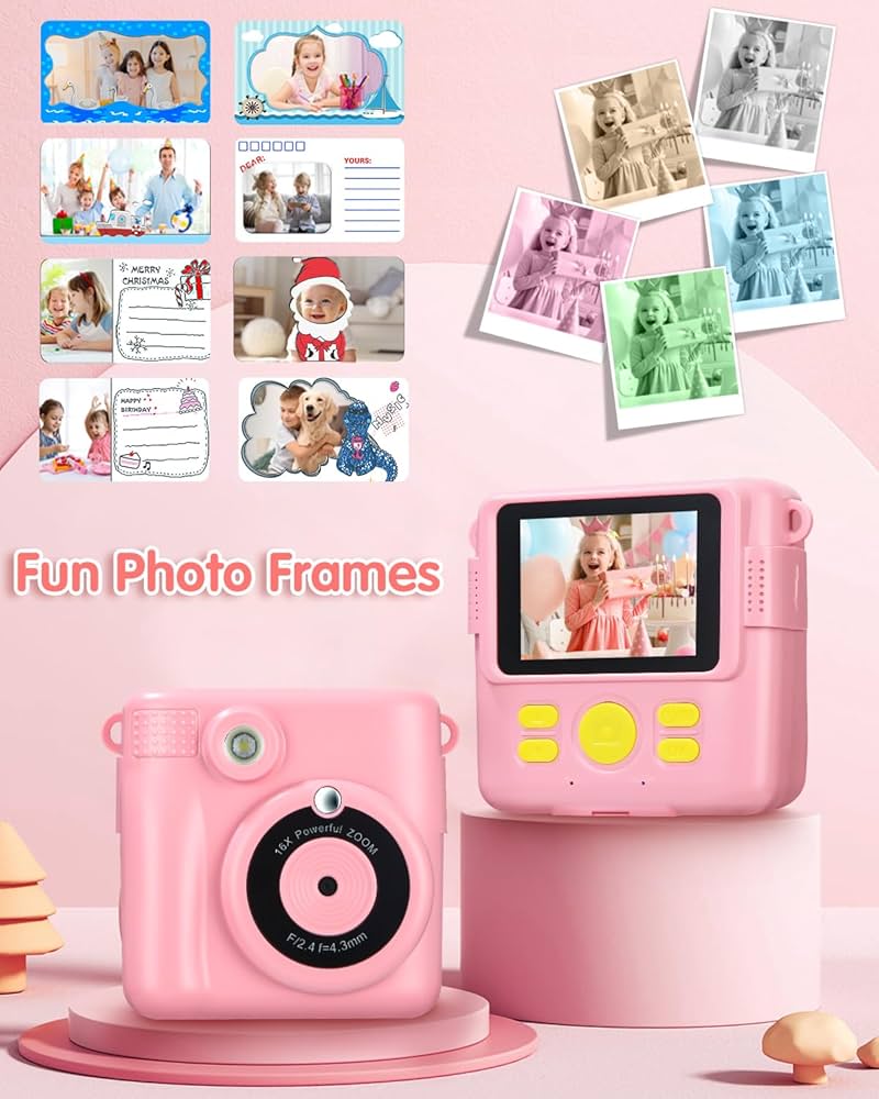 Appareil Photo Enfant Instantanée,1080P,2,4 pouces Appareil Photo pour Enfants, 32GB Carte Mémoire,5 x Papier d'impression, Distance Focale Numérique 16x,Cadeau pour les Garçons et les Filles 3-12 ans