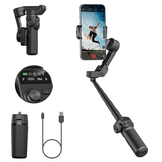AOCHUAN Stabilisateur Smart X2 pour iPhone, Tige d'extension intégrée de 20 cm, cardan Portable pour Smartphone à 3 Axes, Perche à Selfie Pliable avec écran OLED, Enregistrement vidéo, Blanc