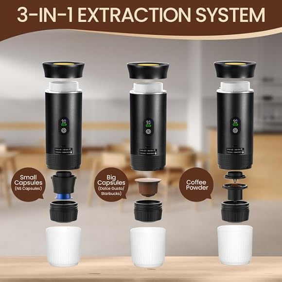 LAMA Machine à café portable - Machine à expresso électrique - Compatible avec capsules de café et poudre de café - Chauffage instantané - Mini machine à café pour le camping et les voyages - Noir