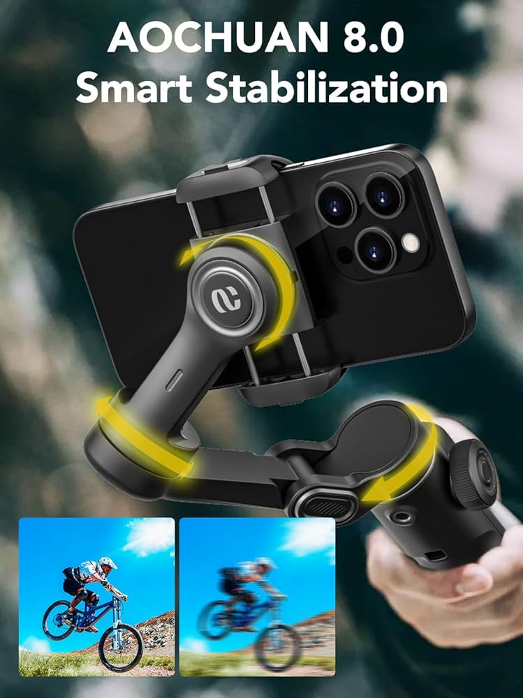 AOCHUAN Stabilisateur Smart X2 pour iPhone, Tige d'extension intégrée de 20 cm, cardan Portable pour Smartphone à 3 Axes, Perche à Selfie Pliable avec écran OLED, Enregistrement vidéo, Blanc