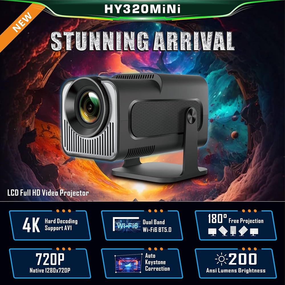 Mini Projecteur,HY320 Mini Videoprojecteur,4K Projecteur Portable avec Android 11 WiFi et Bluetooth 5.0, Trapèze Automatique, Retroprojecteur de Cinéma 180 °Peut Pivoter pour TV Stick