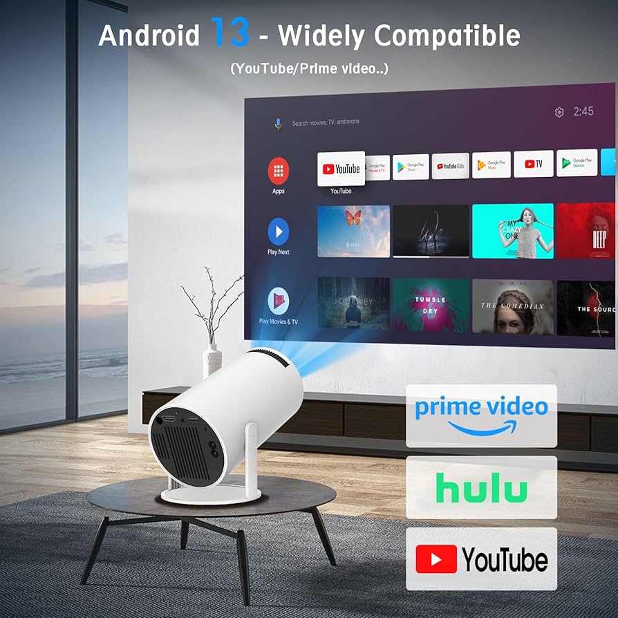Mini projecteur portable HY300 PRO, compatible 4K 1080P avec Wi-Fi double bande 6, 5G, sans fil 5.2, Bluetooth, Android 11, rotation à 180°, correction automatique du trapèze, écran de 35 à 130 pouces.