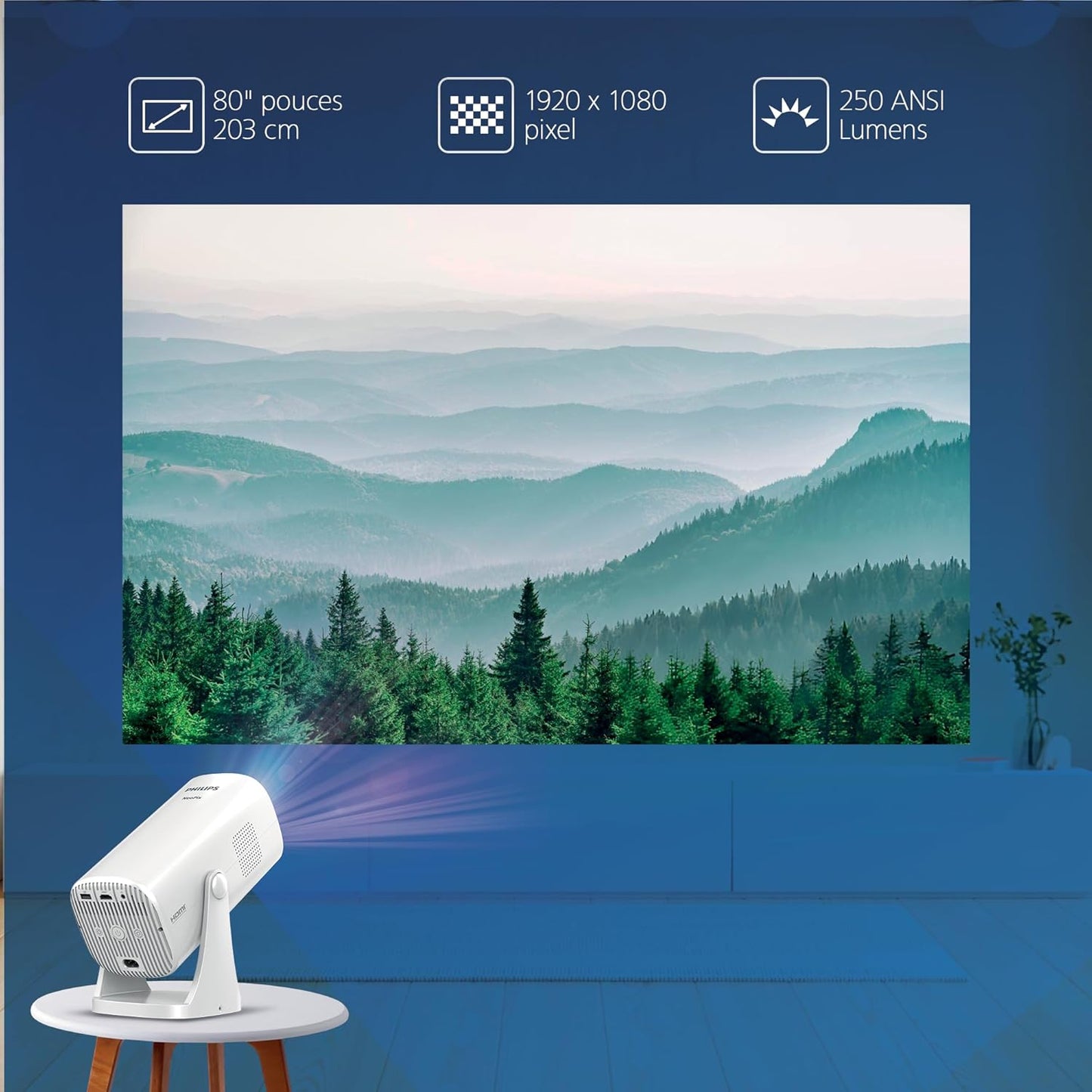 NPX230 Philips, Neopix 230Smart, Vidéoprojecteur Home cinéma, Différentes Options de Correction de l'image, Full HD 1080p, LuminOS, Applications préinstallées, Système Audio intégré, Lampe de Chevet