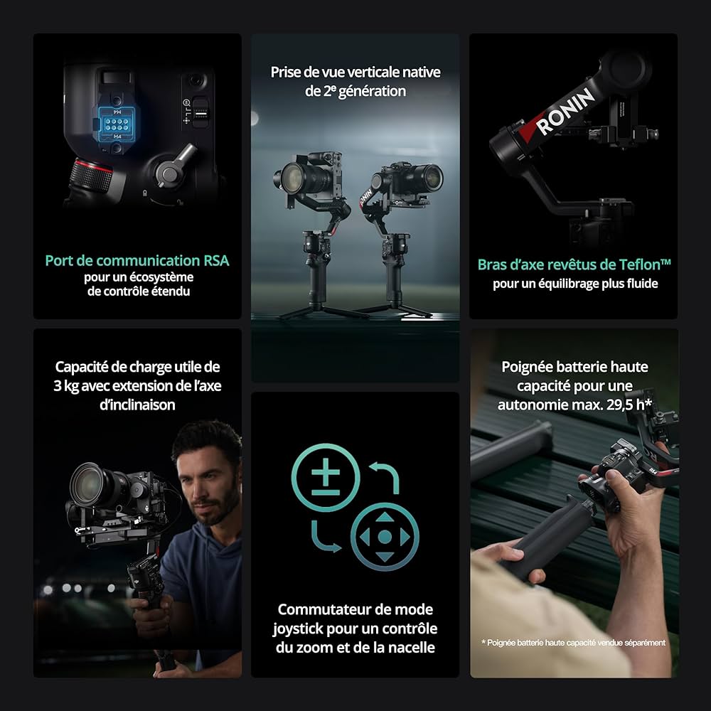 DJI RS 4, Stabilisateur de Nacelle à 3 Axes pour Caméras DSLR et sans Miroir Canon/Sony/Panasonic/Nikon/Fujifilm, Prise Verticale Native, Joystick à 2 Modes, Bras en Téflon + Moteur Focus Pro