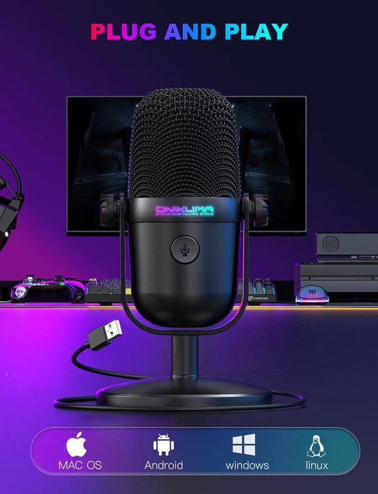 M830 onikuma Microphone de jeu avec réduction du bruit et bouton muet, micro à condensateur USB pour le streaming/enregistrement, design ultra-compact, compatible PC/Mac/PS4/PS5, podcast/YouTube/Twitch/Discord (Noir) hi