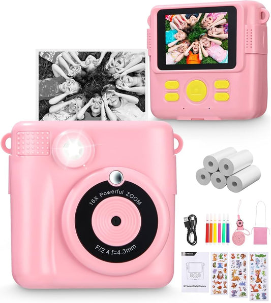 Appareil Photo Enfant Instantanée,1080P,2,4 pouces Appareil Photo pour Enfants, 32GB Carte Mémoire,5 x Papier d'impression, Distance Focale Numérique 16x,Cadeau pour les Garçons et les Filles 3-12 ans
