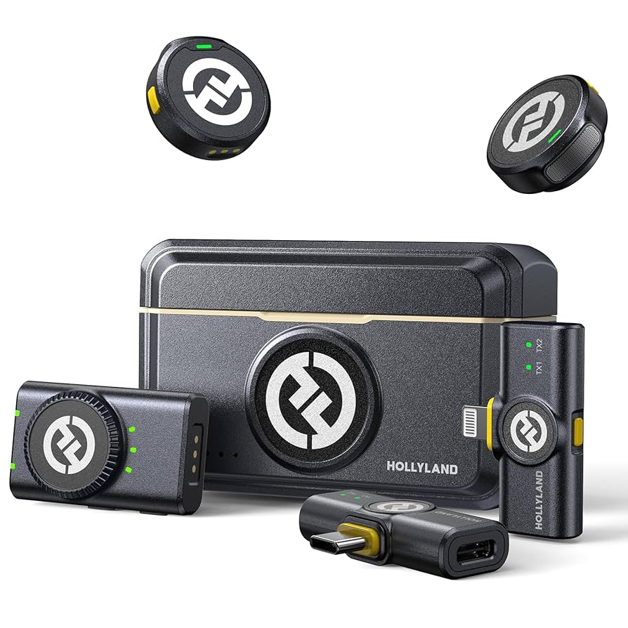 Micro cravate sans fil HOLLYLAND LARK M2 – Type-C & Lightning – 10h d’autonomie – Réduction de bruit – Portée de transmission de 300 mètres – 2 transmetteurs et 3